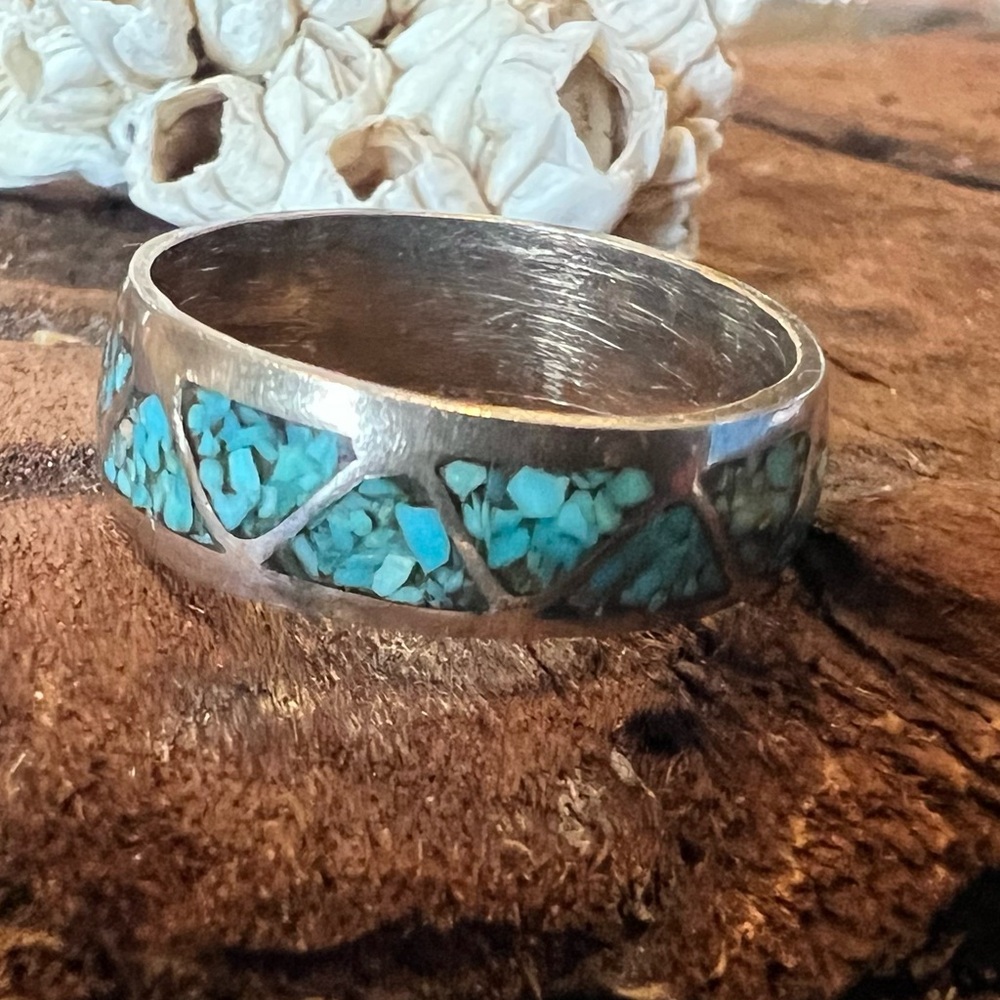 Native American Ring Band Crushed Turquoise Sterling Inlaid Navajo 10 Unisex - Picture 2 of 7